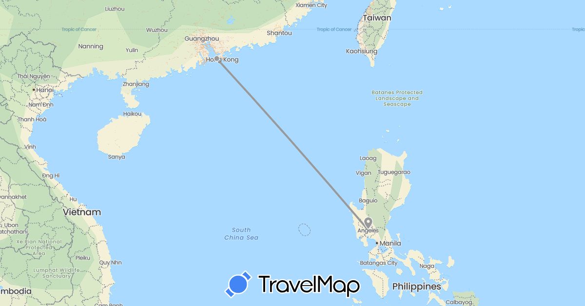 TravelMap itinerary: driving, plane in China, Philippines (Asia)